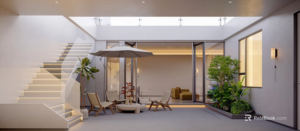 Modern Villa Balcony With Patio Umbrella Wooden Chairs Coffee Table And Green Plants 3d model 