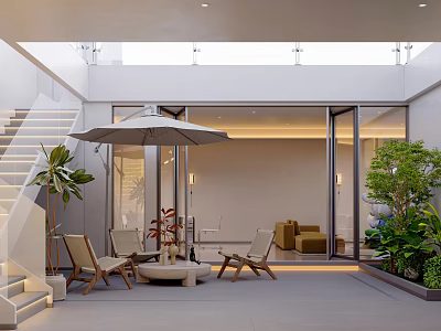 Modern Villa Balcony With Patio Umbrella Wooden Chairs Coffee Table And Green Plants 3d model