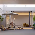 Modern Villa Balcony With Patio Umbrella Wooden Chairs Coffee Table And Green Plants