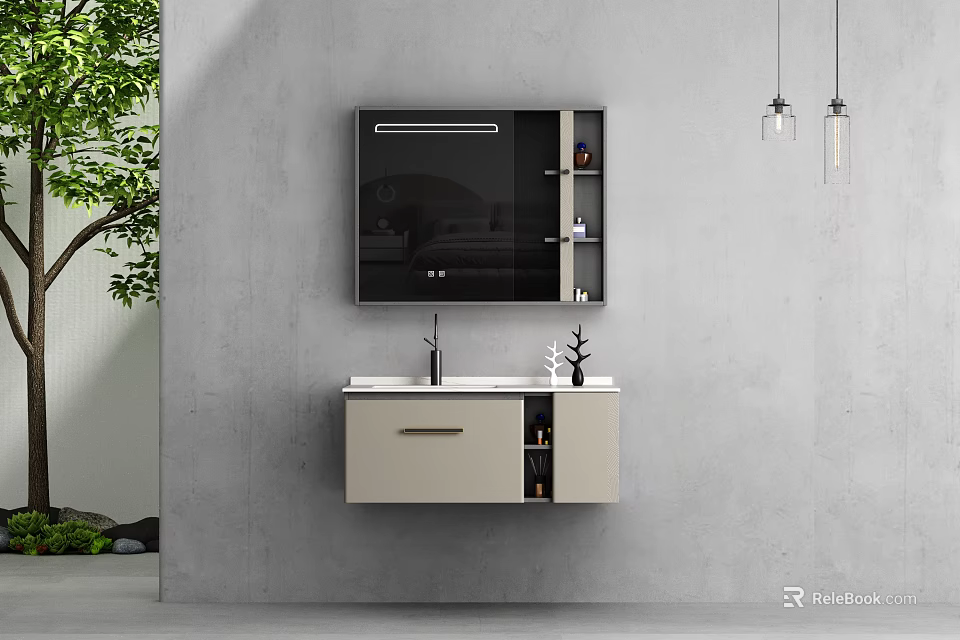 Minimalist Wall Mounted Bathroom Vanity With Mirror Cabinet Countertop Gray Wall Green Plant Hanging Lights 3d model 