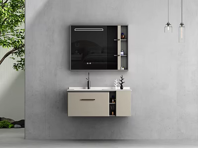 Minimalist Wall Mounted Bathroom Vanity With Mirror Cabinet Countertop Gray Wall Green Plant Hanging Lights 3d model