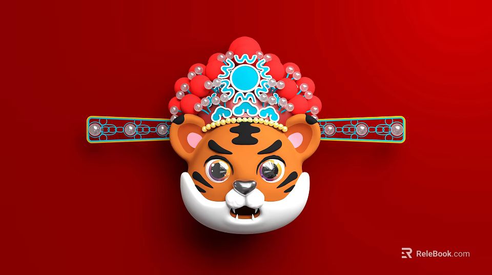 Chinese Traditional Tiger Head Wall Decor with Peking Opera Mask Red Background Golden Details 3d model 