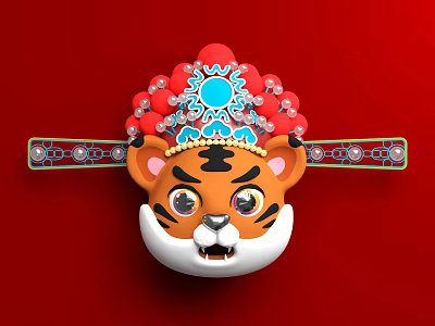 Chinese Traditional Tiger Head Wall Decor with Peking Opera Mask Red Background Golden Details 3d model