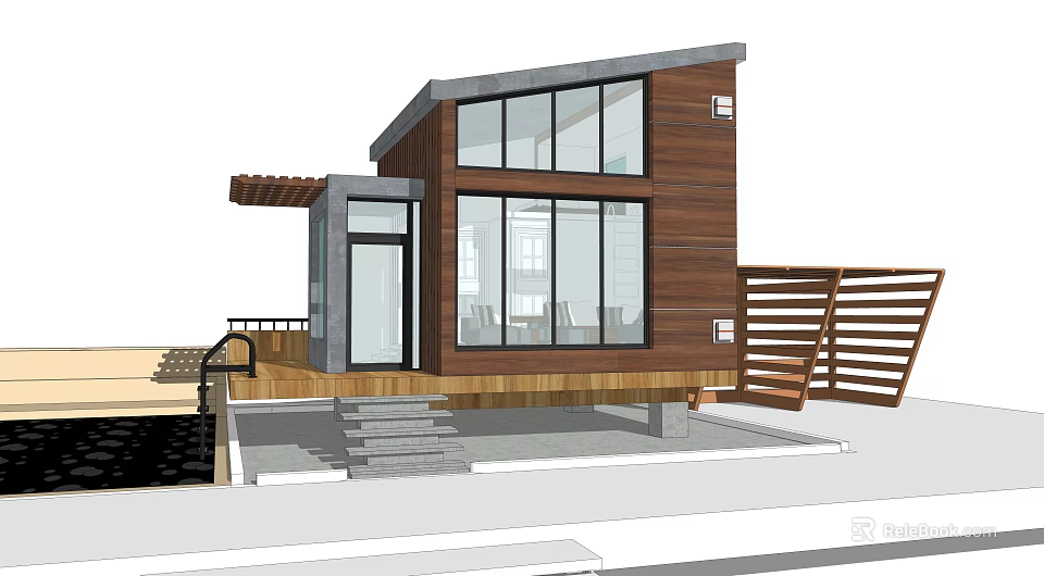 Modern Guesthouse Building With Wooden Exterior Large Glass Windows And Terrace 3d model 