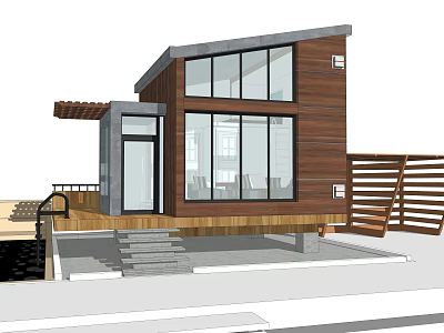 Modern Guesthouse Building With Wooden Exterior Large Glass Windows And Terrace 3d model
