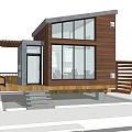 Modern Guesthouse Building With Wooden Exterior Large Glass Windows And Terrace