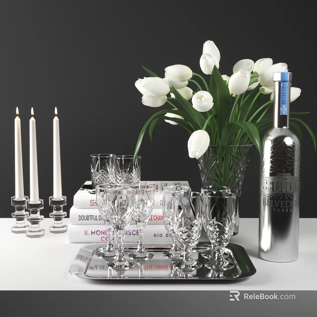 Silver Wine Bottle And Clear Glasses On Stylish Table With White Tulips Candles And Books 3d model 
