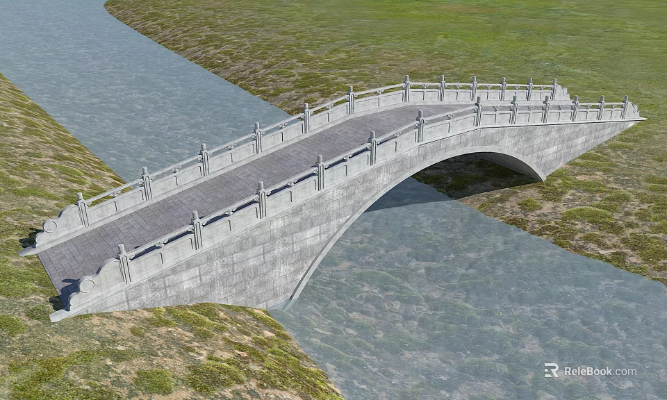 Scenic Traditional Stone Arch Bridge Spanning River With Stone Railings And Green Grassland 3d model 