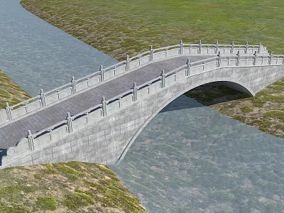 Scenic Traditional Stone Arch Bridge Spanning River With Stone Railings And Green Grassland 3d model