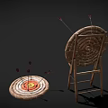 Archery Sports Equipment Featuring Wooden Target Stand Round Straw Targets And Red Arrow Tips