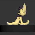 Yellow Feline Game Character With Purple Bow Big Ears Sitting on Black Base