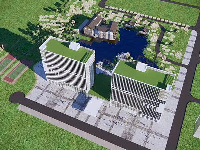 Modern Office Building With Green Roof Surrounded by Greenery Water Feature and Sports Court 3d model