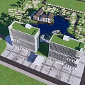 Modern Office Building With Green Roof Surrounded by Greenery Water Feature and Sports Court