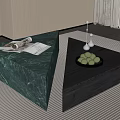 Green Marble and Dark Wood Coffee Table with Open Magazine Fruit Plate and Metal Decor