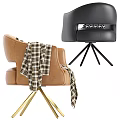 Brown Leather Single Sofa with Plaid Blanket Cushion and Gold Tripod Base