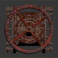 Rusty Industrial Valve With Red Wheel And Cast Iron Body And Bolts