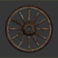 Old Fashioned Wooden Carriage Wheel with Red Rim and Spokes on Gray Background