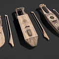 Handcrafted Wooden String Instruments With Intricate Carved Designs And Vintage Accessories