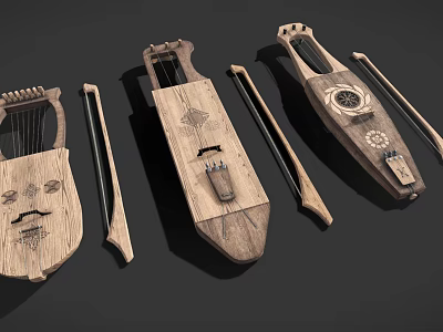 Handcrafted Wooden String Instruments With Intricate Carved Designs And Vintage Accessories 3d model