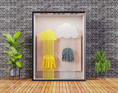 Shop Window Display With Cloud Raindrop Decorations And Yellow Green Striped Clothes Near Green Plants 3d model