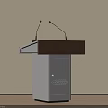 Modern Podium With Brown Wooden Top White Cabinet Two Microphones On Light Beige Wall Background