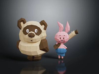 Handmade Paper Craft Panda And Pink Rabbit Figurines With Reflection On Dark Background 3d model