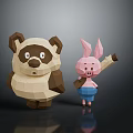 Handmade Paper Craft Panda And Pink Rabbit Figurines With Reflection On Dark Background