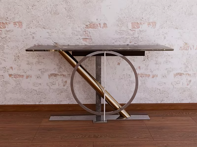 Modern Console Table With Circular Metal Frame And Smooth Top Against Textured Brick Wall 3d model