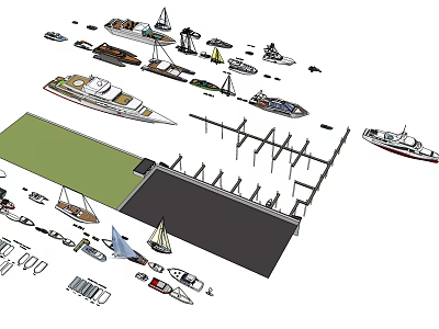 Sailboat And Docked Boats At Marina With Mooring Facilities And Waterfront View 3d model