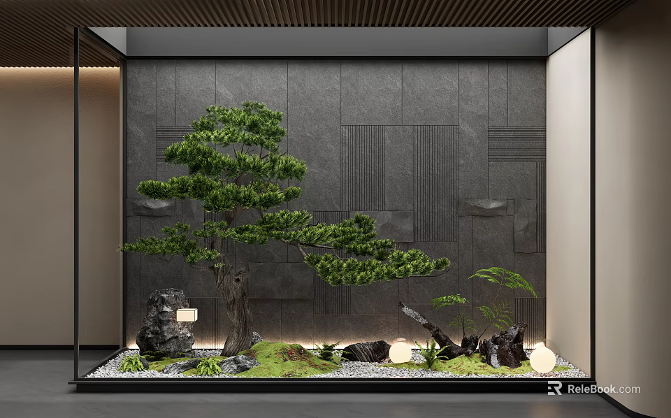 Modern Feature Wall Design With Pine Tree Rocks Moss And Ambient Lighting 3d model 