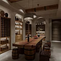 Rustic Wine Cellar Interior With Wooden Barrels Long Table And Wine Racks 3d model
