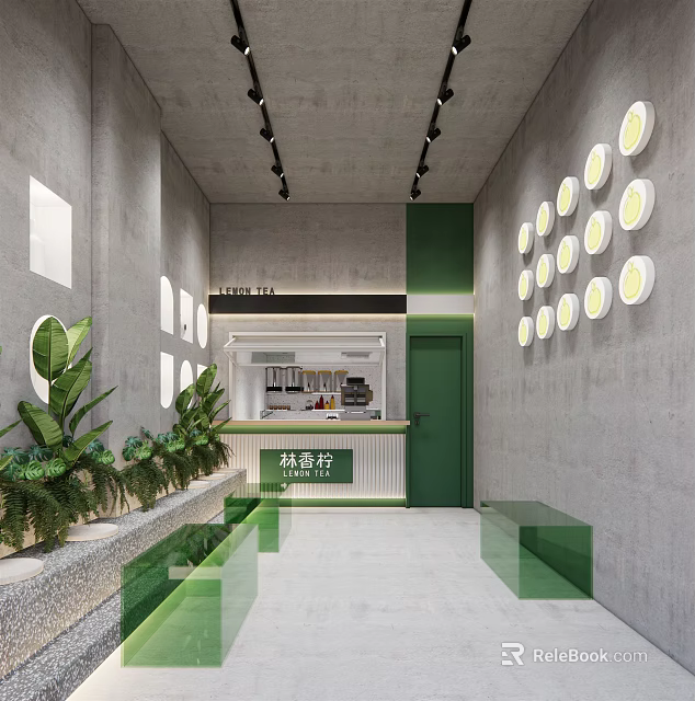 Modern Milk Tea Shop Interior With Green Elements Circular Lights And Plants 3d model