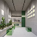 Modern Milk Tea Shop Interior With Green Elements Circular Lights And Plants 3d model