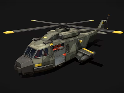 Military Camouflage Helicopter With Yellow Rotor Tips Open Door And Weapons 3d model