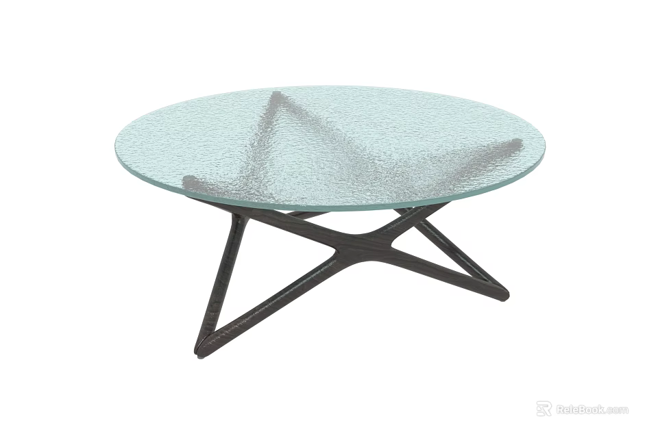 Modern Round Coffee Table With Glass Top And Black Metal Cross Base 3d model 