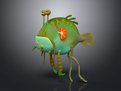 Green Cartoon Fish With Yellow Eyes Orange Spots And Striped Legs 3d model