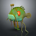 Green Cartoon Fish With Yellow Eyes Orange Spots And Striped Legs