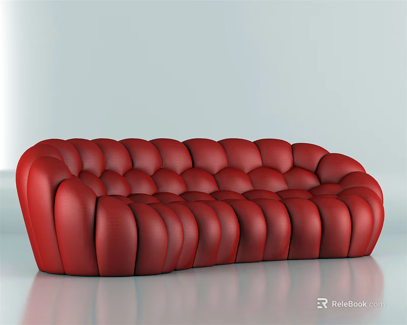 Red Modern Multi Seater Sofa With Rounded Tufted Glossy Leather Design 3d model