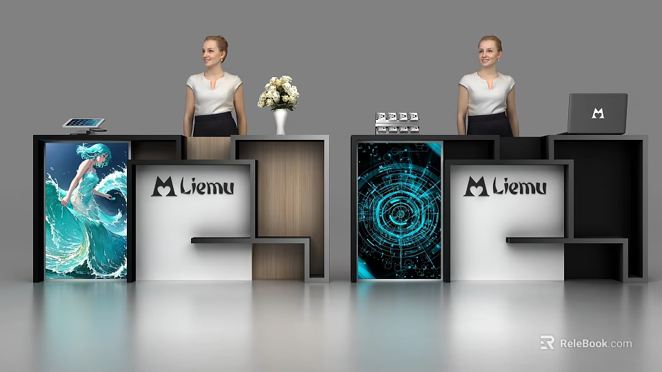 Modern Reception Desk Design With Wooden Black Finish Liemu Logo And Flower Vase 3d model 