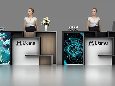 Modern Reception Desk Design With Wooden Black Finish Liemu Logo And Flower Vase 3d model