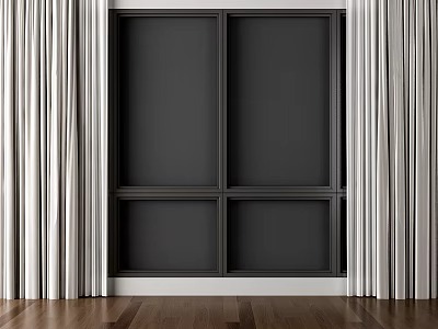 White Curtains With Smooth Drape Beside Black Panel Doors And Wooden Floor 3d model