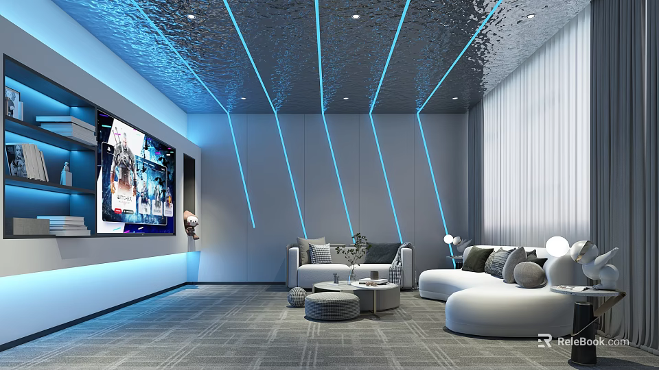 Modern Home Theater With Large Screen TV Blue Lighting And White Sofas 3d model 