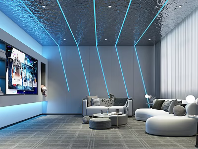 Modern Home Theater With Large Screen TV Blue Lighting And White Sofas 3d model