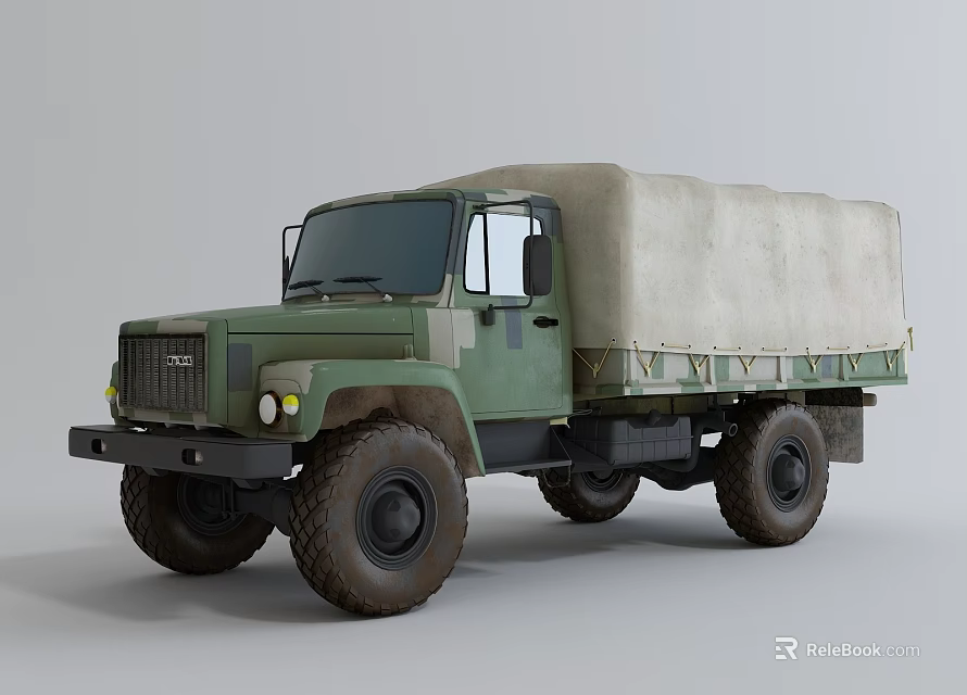 Military Green Truck with Canvas Covered Cargo Bed and Off-Road Exterior Design 3d model 