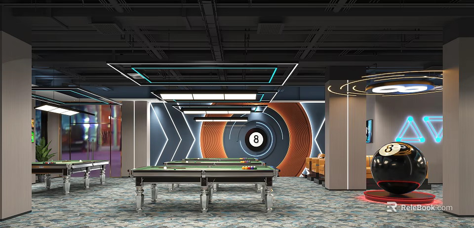 Modern Billiard Room Interior With Green Pool Table Number 8 Decor And Lighting 3d model 