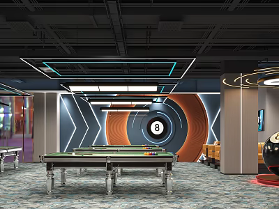 Modern Billiard Room Interior With Green Pool Table Number 8 Decor And Lighting 3d model