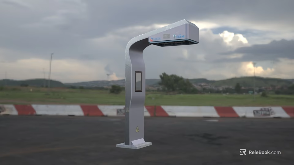 Outdoor Silver Smart Device With Display Screen In Open Field And Mountain View 3d model 