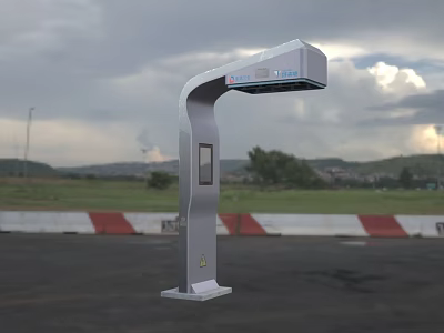 Outdoor Silver Smart Device With Display Screen In Open Field And Mountain View 3d model