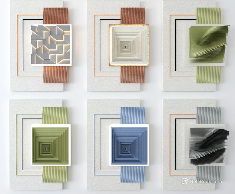 Modern Wall Decor With Geometric Patterns Colorful Frames And Textured Square Shapes 3d model 