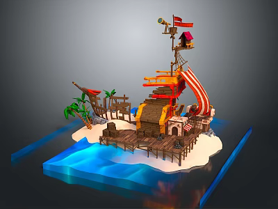 Scenic Pirate Island with Striped Sail Tower Palm Trees and Blue Water 3d model